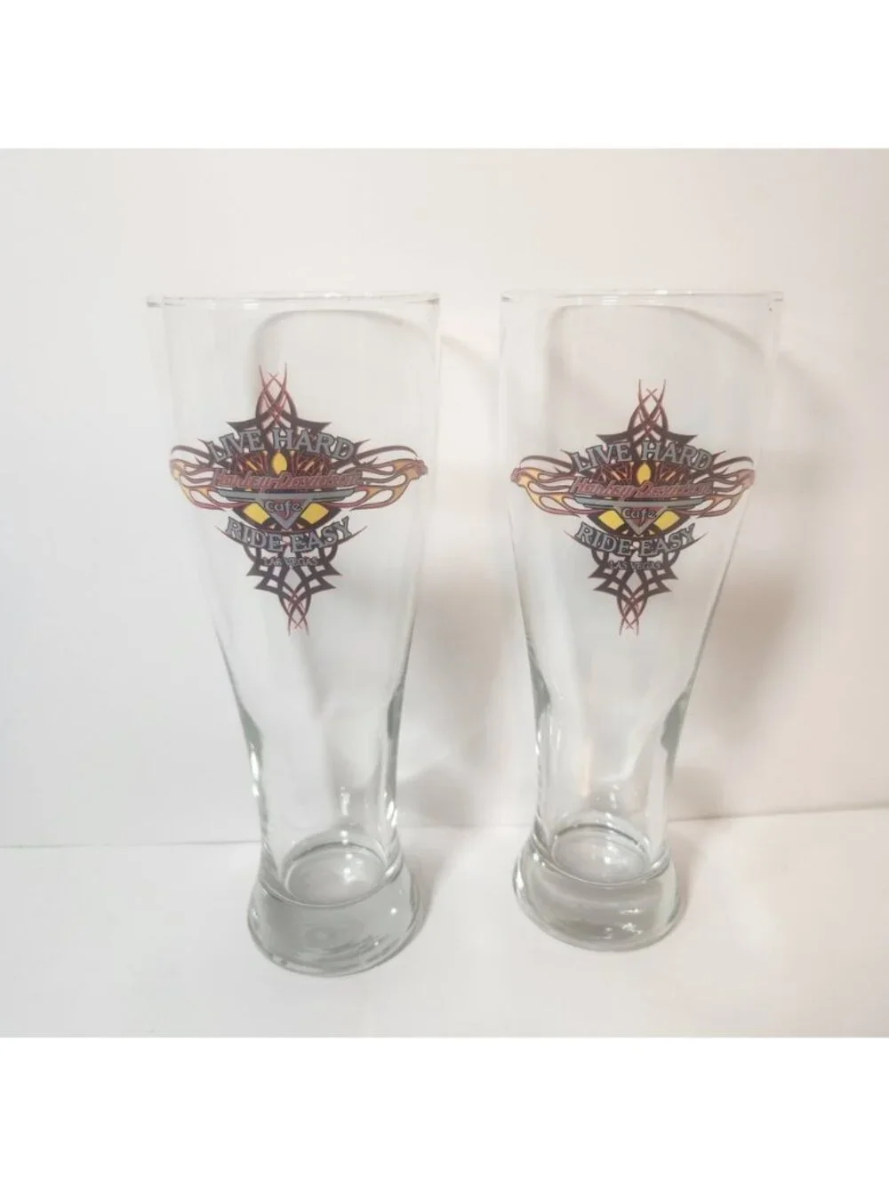 Harley Davidson Cafe Las Vegas Pilsner Glass Set Live Hard Ride Easy‎ 9 Inch 2pc